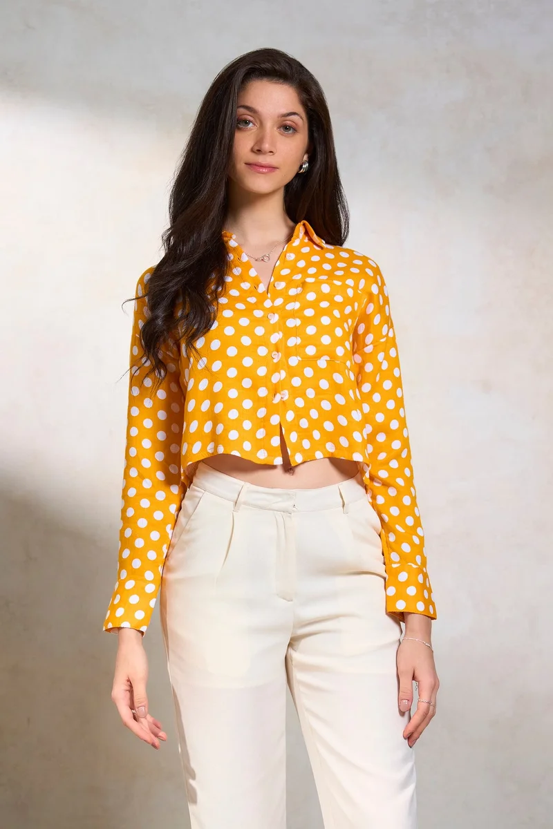 Virgio  Virgio Women Polka Dots Shirt Collar Crop Length Cuff Sleeve Cotton Shirt for Women | Best Price UAE