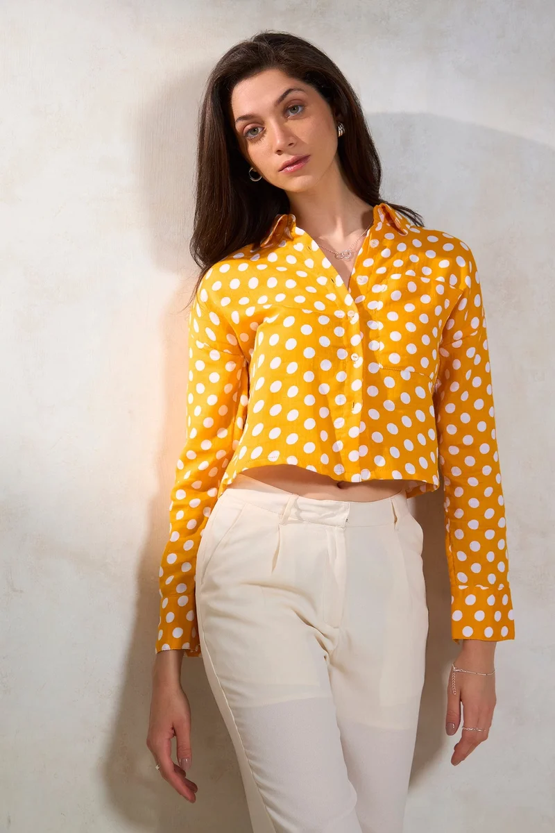 Virgio  Virgio Women Polka Dots Shirt Collar Crop Length Cuff Sleeve Cotton Shirt for Women | Best Price UAE