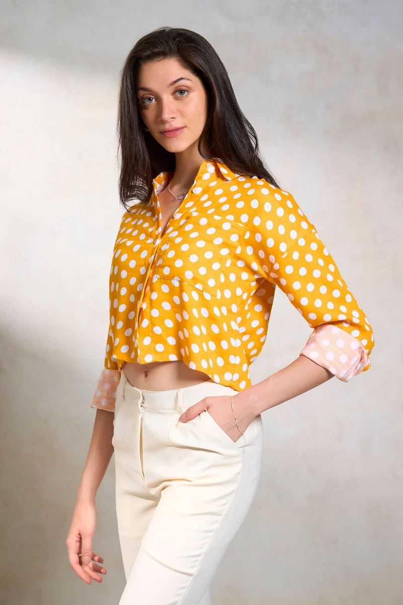 Virgio Women Polka Dots Shirt Collar Crop Length Cuff Sleeve Cotton Shirt