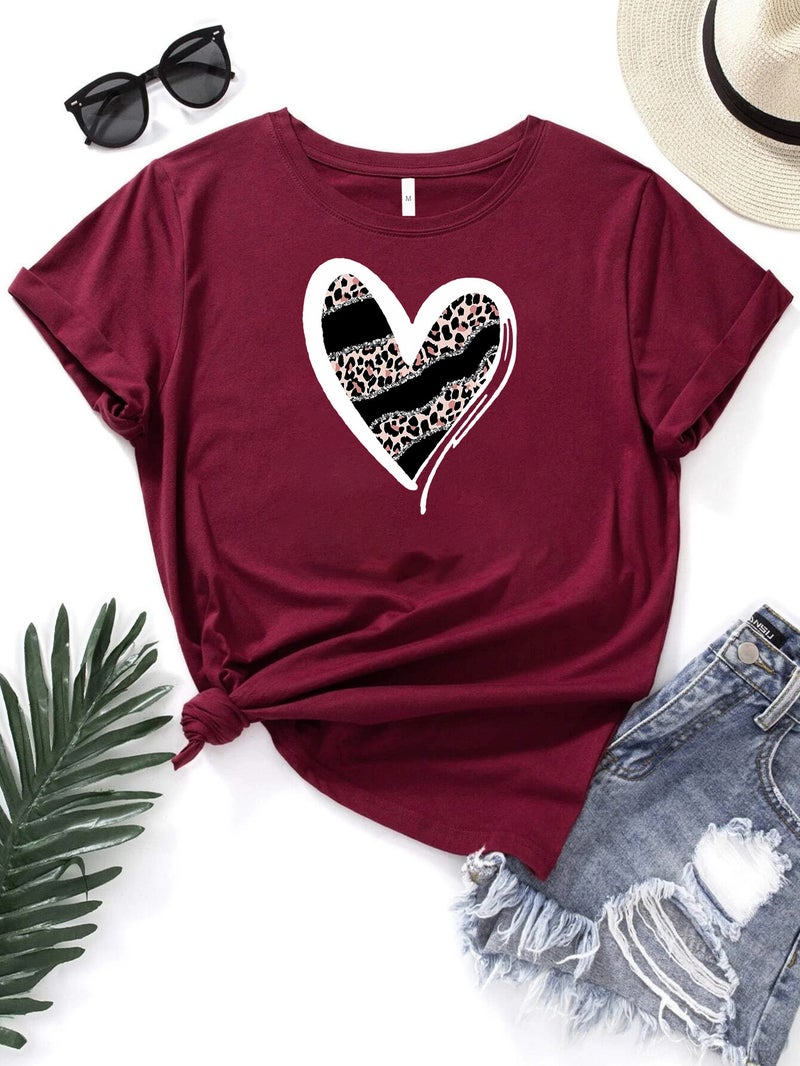 Foreign trade Independent Station Women's top Round Neck Heart-shaped Printed Short-sleeved t-shirt - Image 1