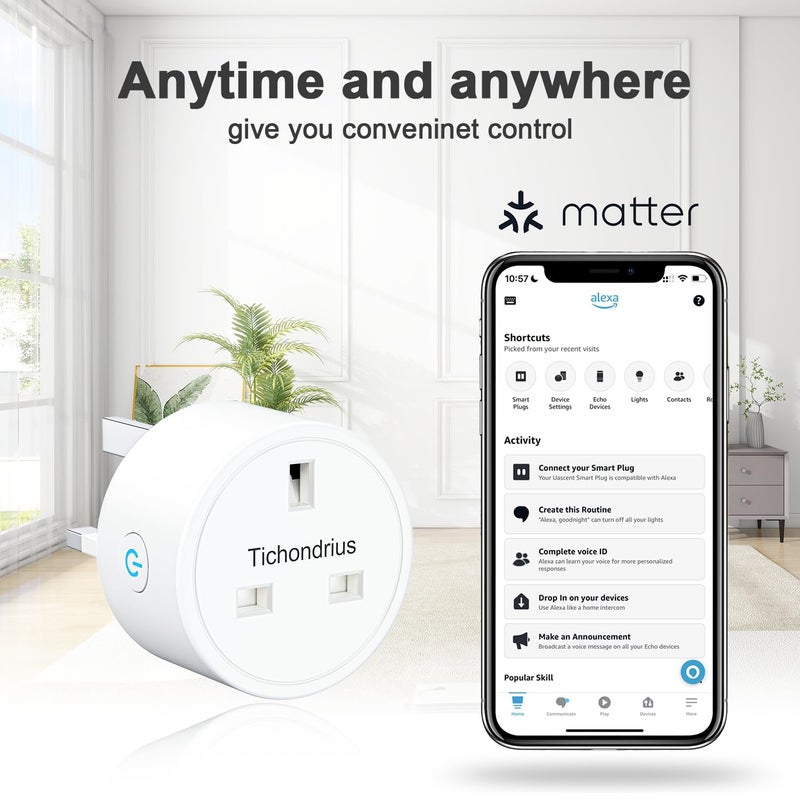 Tichondrius Matter Smart Plug,Smart Socket,Wi-Fi Plug Work with Alexa, Apple HomeKit, Google Compatible SmartThings,Schedule Time, Tuya App&Voice Control Smart Outlet (1 PACK) - Image 3