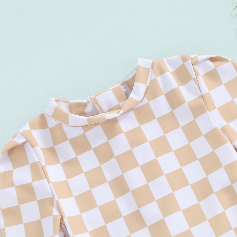 Yccutest Toddler Rash Guard One Piece Swimsuit Baby Girl Long Sleeve Ruffles Swimwear Zipper Bathing Suit Checkerboard Outfit (Khaki,2-3T) - Image 3
