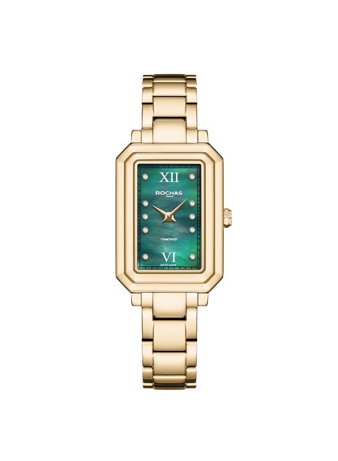 Rochas Ladies 22x32 mm Swiss Watch with Green Mother-of-Pearl Dial and Gold Stainless Steel Bracelet + 8 pcs 1.0mm Diamonds on Dial - RWF221B