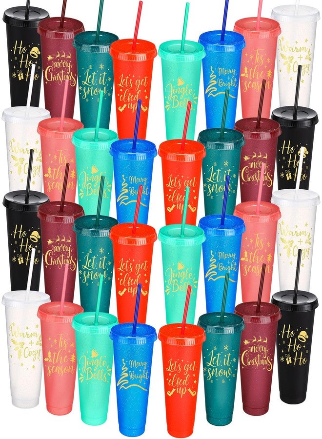 Skylety 32 Pcs Christmas Plastic Tumbler with Lid and Straw 24oz Plastic Holiday Stadium Cup Christmas Cup Red Cup Christmas Mug Reusable Adult Cup for Christmas Party Supplies, 8 Designs (Multicolor) - Image 1