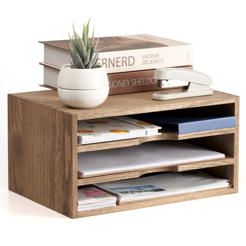 KIRIGEN Wooden Desktop Organizer Paper Storage Letter Tray File Sorter with 3 Layer Trays - Desk Rack Magazine File Dividers Holders for Home Office Accessories Dark Brown (3KWJG-DBR) - Image 1