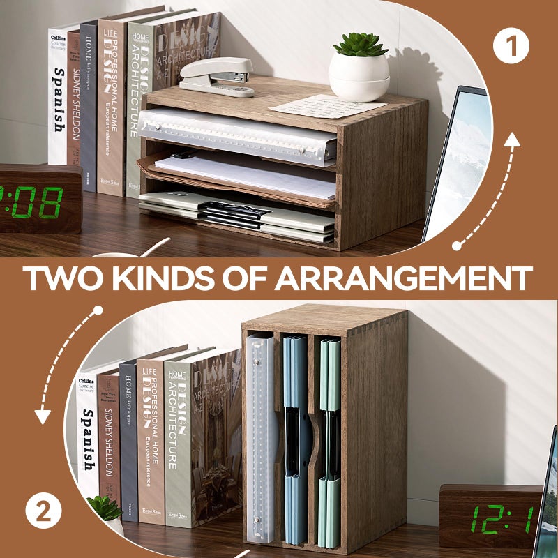 KIRIGEN Wooden Desktop Organizer Paper Storage Letter Tray File Sorter with 3 Layer Trays - Desk Rack Magazine File Dividers Holders for Home Office Accessories Dark Brown (3KWJG-DBR) - Image 2