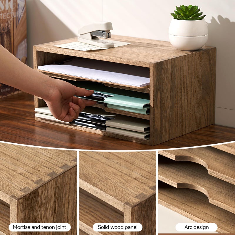 KIRIGEN Wooden Desktop Organizer Paper Storage Letter Tray File Sorter with 3 Layer Trays - Desk Rack Magazine File Dividers Holders for Home Office Accessories Dark Brown (3KWJG-DBR) - Image 4