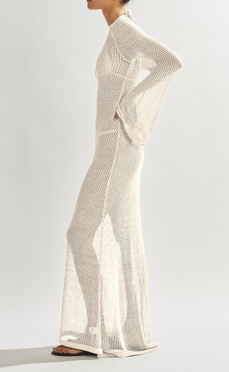 Saodimallsu Womens Crochet Cover Ups Long Sleeve Sexy Mesh Backless Knit Swimsuit Coverup Beach Maxi Dress Beige - Image 2