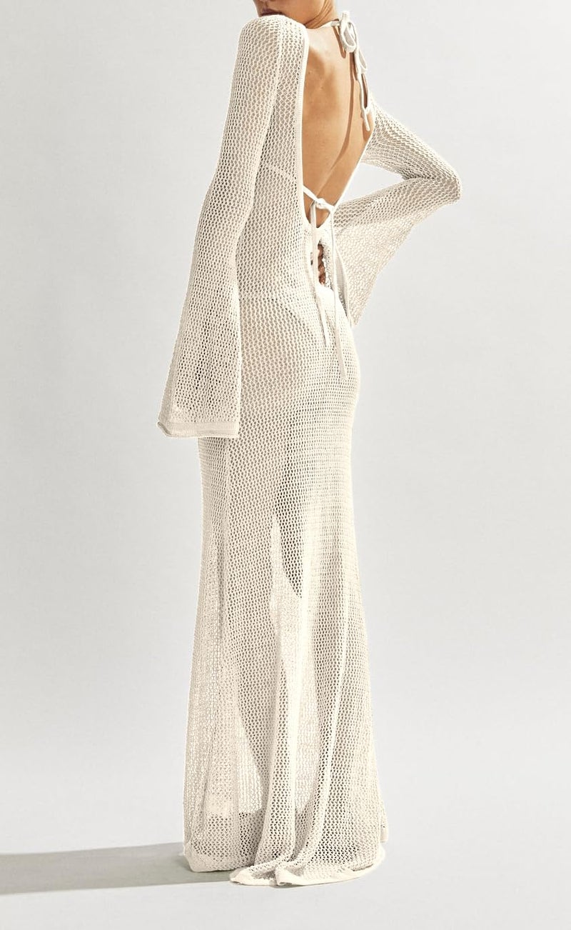 Saodimallsu Womens Crochet Cover Ups Long Sleeve Sexy Mesh Backless Knit Swimsuit Coverup Beach Maxi Dress Beige - Image 4