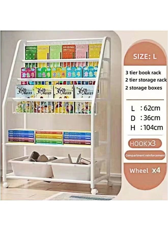 BLOOMING TIME - Children's Iron Book Shelf Children's Toy Storage Rack Plus Bottom Layer 2 Storage Boxes  White - Image 1