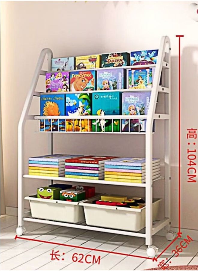 BLOOMING TIME - Children's Iron Book Shelf Children's Toy Storage Rack Plus Bottom Layer 2 Storage Boxes  White - Image 1