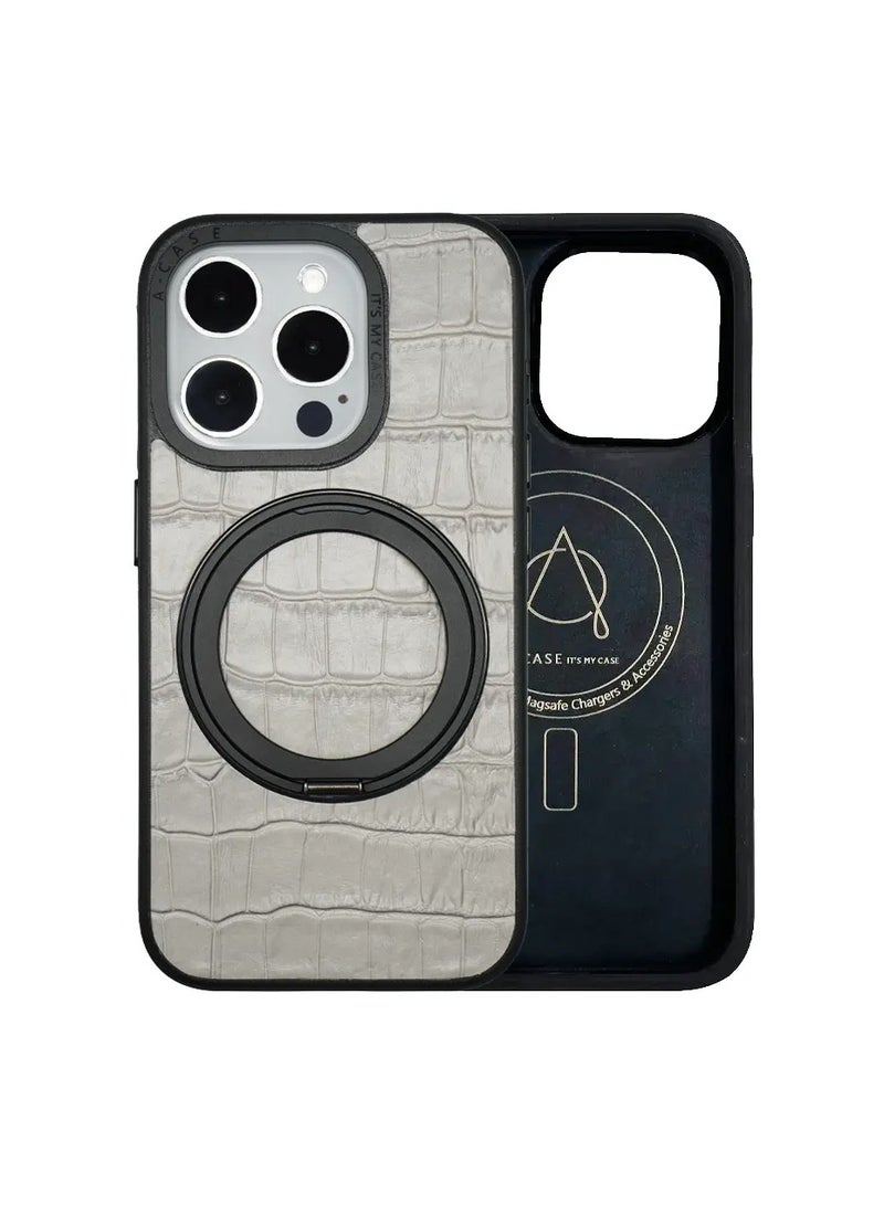 A-CASE Javan Pro Series Genuine Leather Hard PC cover material Compatible with iPhone 15 Pro Max Kickstand foldable holder - Grey  - Image 1