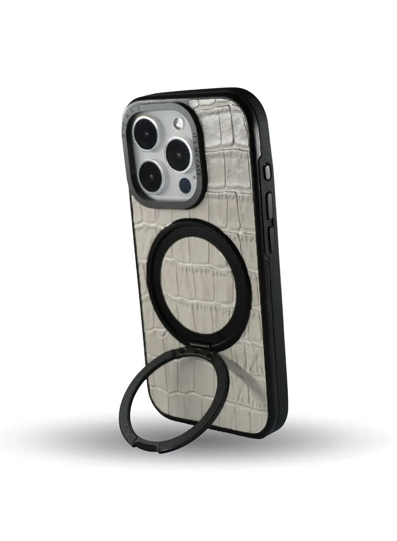 A-CASE Javan Pro Series Genuine Leather Hard PC cover material Compatible with iPhone 15 Pro Max Kickstand foldable holder - Grey  - Image 2