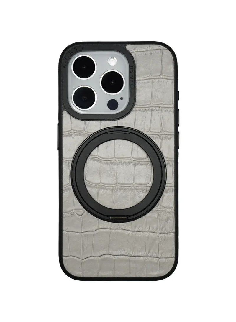 A-CASE Javan Pro Series Genuine Leather Hard PC cover material Compatible with iPhone 15 Pro Max Kickstand foldable holder - Grey  - Image 3