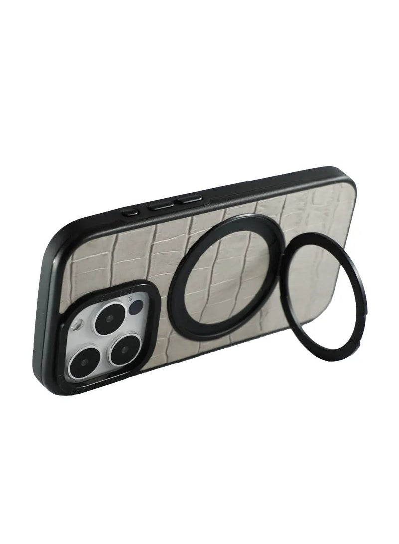 A-CASE Javan Pro Series Genuine Leather Hard PC cover material Compatible with iPhone 15 Pro Max Kickstand foldable holder - Grey  - Image 4