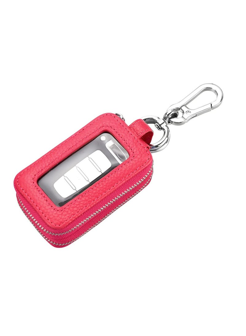 Loquat Genuine Leather Car Key Fob Case, Zippered with Lanyard, Rose Red Keychain Bag for Men  Women. - Image 1