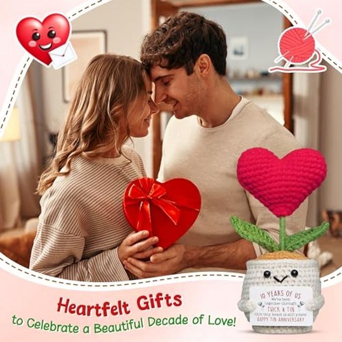 OASSIE 10 Year Anniversary Wedding Gifts For Men Women Romantic Heart Flower Pot Crochet With Card Tin Anniversary Couple Gifts For Him Her - Image 2