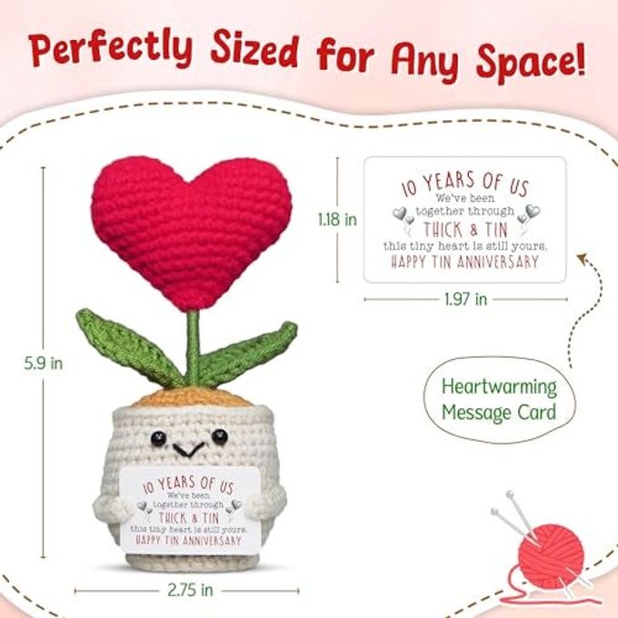 OASSIE 10 Year Anniversary Wedding Gifts For Men Women Romantic Heart Flower Pot Crochet With Card Tin Anniversary Couple Gifts For Him Her - Image 3