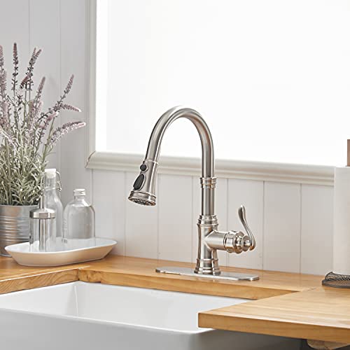 Bathfinesse Kitchen Sink Faucet Brushed Nickel with Pull Down Sprayer 3 Mode Faucet for Kitchen Sink Single Handle High Arc Commercial Stainless Steel Pull Out RV Kitchen Faucet Bar,Deck Plate Include - Image 2