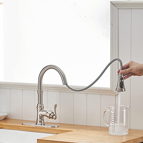 Bathfinesse Kitchen Sink Faucet Brushed Nickel with Pull Down Sprayer 3 Mode Faucet for Kitchen Sink Single Handle High Arc Commercial Stainless Steel Pull Out RV Kitchen Faucet Bar,Deck Plate Include - Image 3