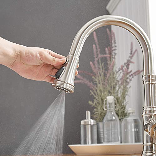 Bathfinesse Kitchen Sink Faucet Brushed Nickel with Pull Down Sprayer 3 Mode Faucet for Kitchen Sink Single Handle High Arc Commercial Stainless Steel Pull Out RV Kitchen Faucet Bar,Deck Plate Include - Image 4
