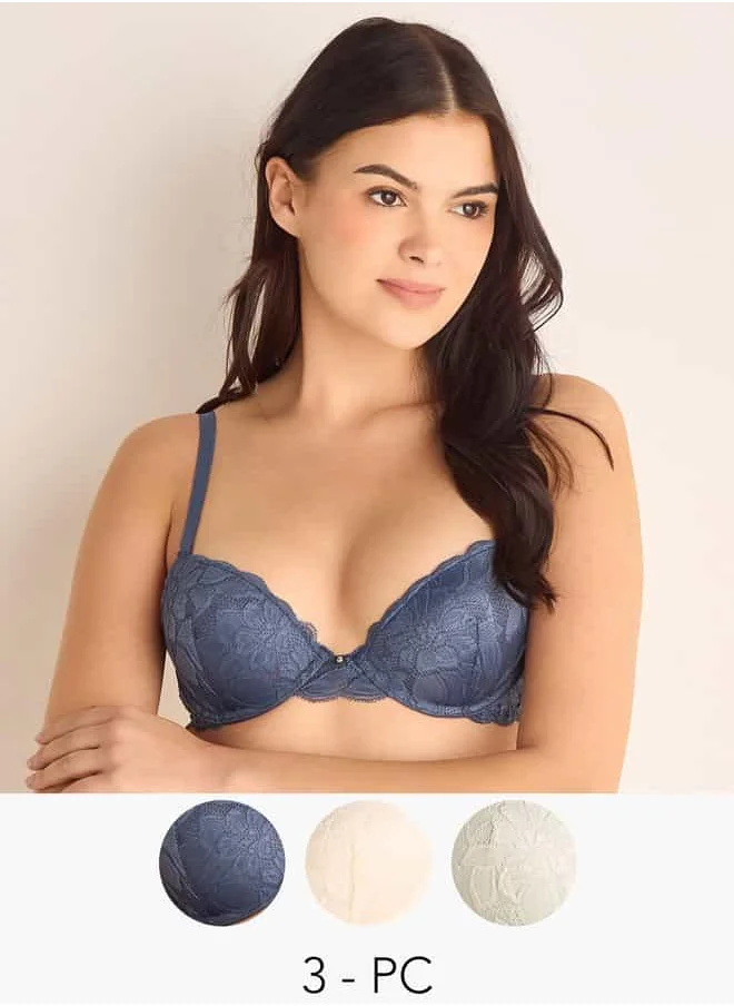 فاف Set of 3 - Lace Detail Bra with Hook and Eye Closure
