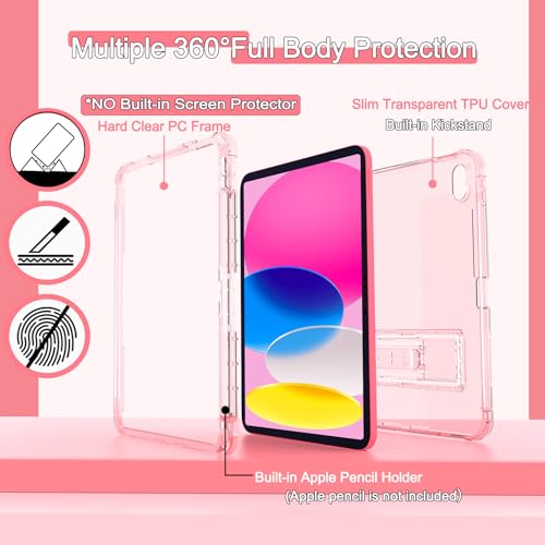 Rantice iPad (A16) 11th/10th Generation Case, Pencil Holder & Kickstand - Slim, Clear and Shockproof Bumper for Women and Girls, Pink Clear - Image 2