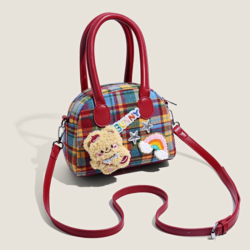 Cute Plaid Shoulder Bag with Little Brown Bear - Image 2