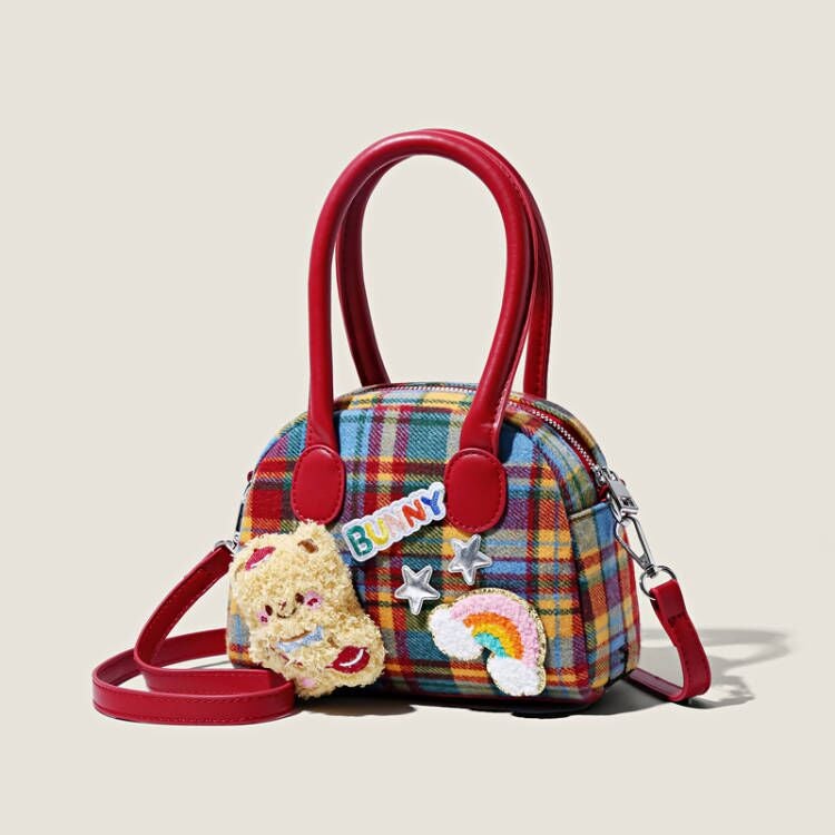 Cute Plaid Shoulder Bag with Little Brown Bear - Image 1