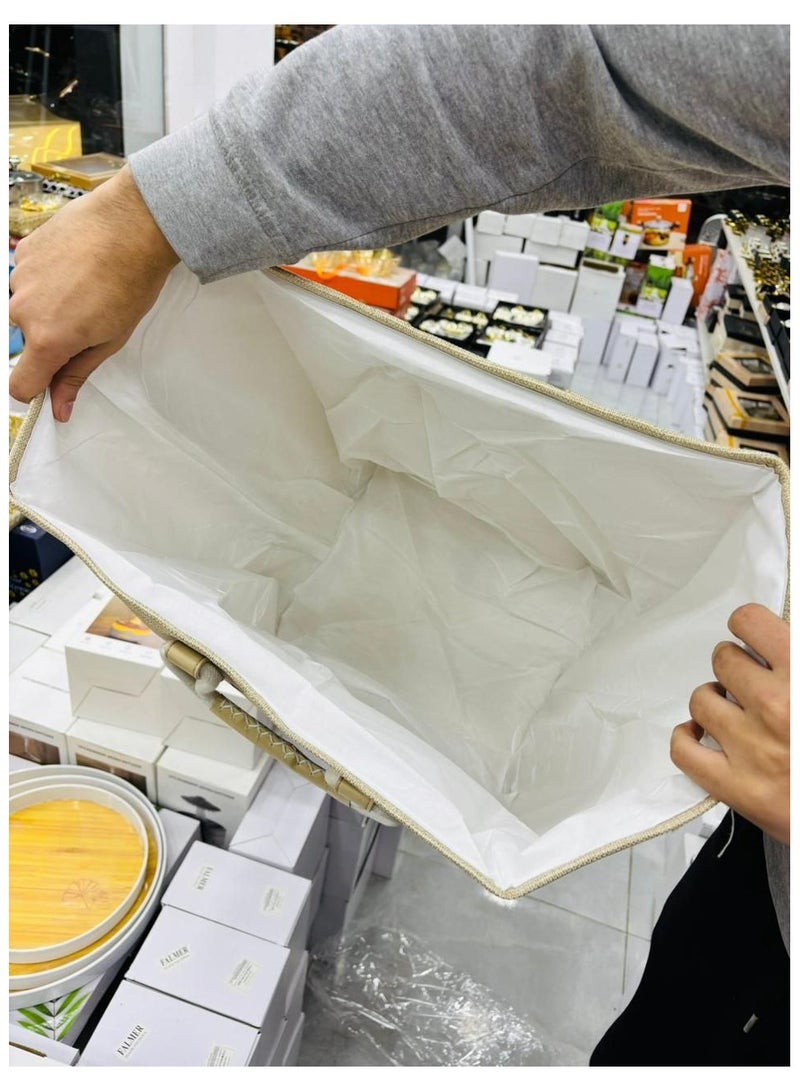 A basket, laundry basket, clothes basket, or children's toy cabinet, the newest, most elegant, and highest quality. Most importantly, it is jumbo in size and also has a leather handle. The material is heavy linen, lined on the inside. It is used for washing or toys. Since the basket is elegant and different, it can be placed in rooms to add an aesthetic look. Size: 45 x 40 x 40. Multi-colored.