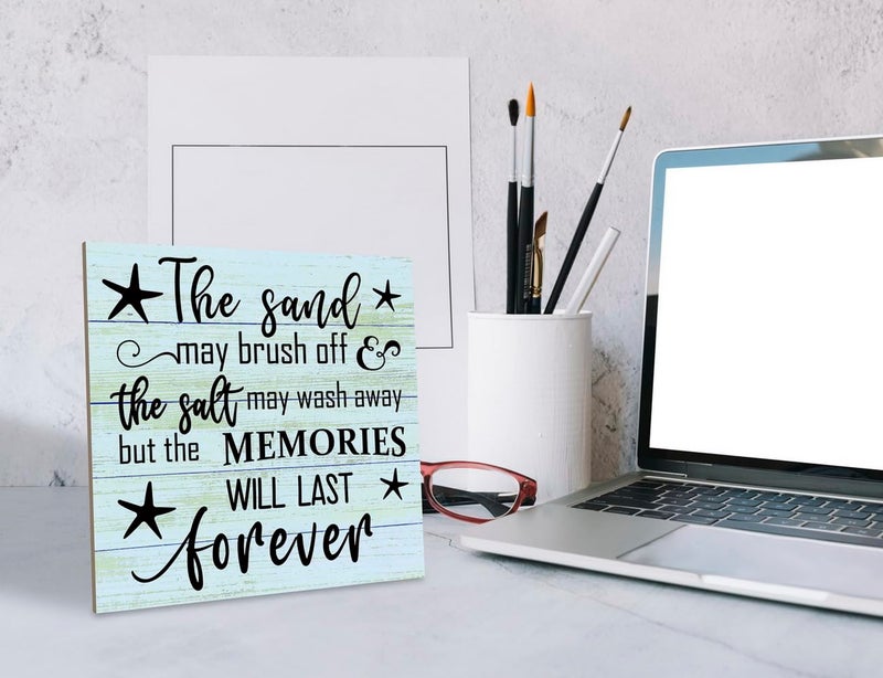 SUSZDOU Ocean Style Wood Sign, The Sand may Brush Off the Salt may Wash Away but the Memories will Last Forever, Wood Plaque Table Art Sign, Positive Wooden Quote Sign, Family Home Sign, Beach House Decor - Image 4