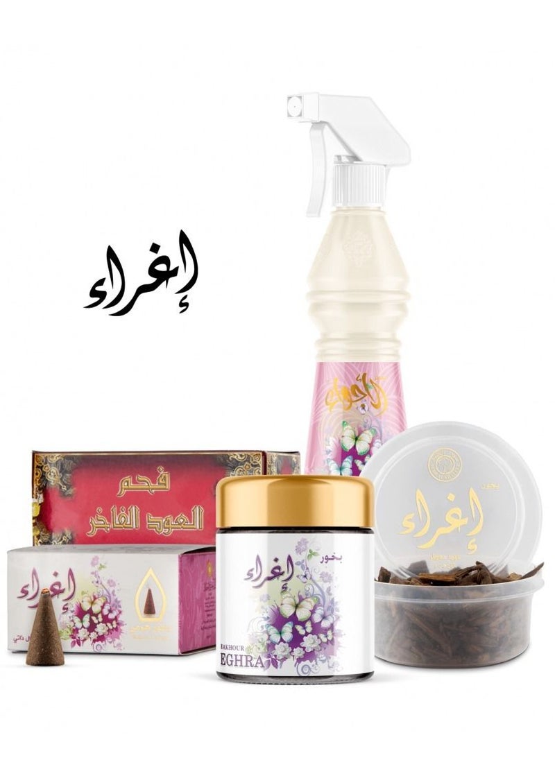 سدر الخليج مجموعة إغراء مكونة من بخور إغراء 40 جم/عود معطر إغراء 50 جم/معطر الأجواء إغراء 500 مل/بخور هرمي اغراء 50 /فحم العود الفاخر 40 قرص 
