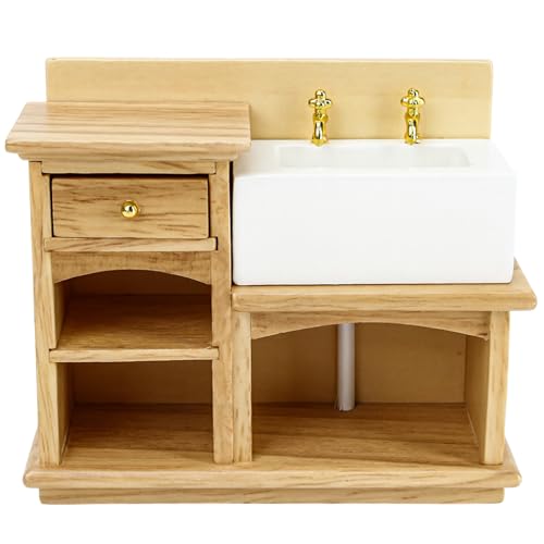 KH866 Dollhouse Sink 112 Scale Miniature Furniture Bathroom Mini Kitchen Sink with Cabinet Set Dolls House Wooden Accessory Doll Farmhouse Accessories - Image 1