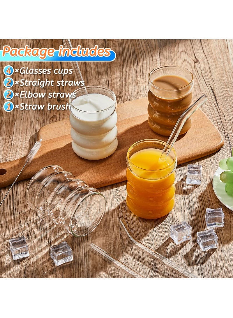 Y&D 4 Pcs Creative Glass Cups Cute Ripple Shaped Vintage Drinking Glasses Ribbed Glassware Aesthetic Entertainment Dinnerware with Straws Set for Kitchen Coffee Juice Beverage  - Image 4