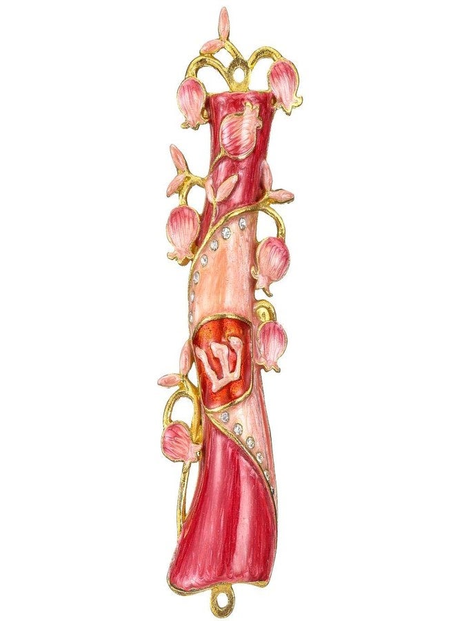 Matashi Hand Painted Mezuzah Gold Plated and Crystals (Red & Pink Enamel Mezuzah) - Image 2