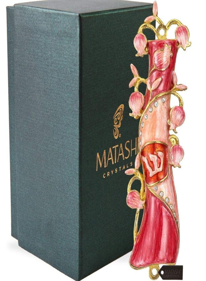 Matashi Hand Painted Mezuzah Gold Plated and Crystals (Red & Pink Enamel Mezuzah) - Image 1