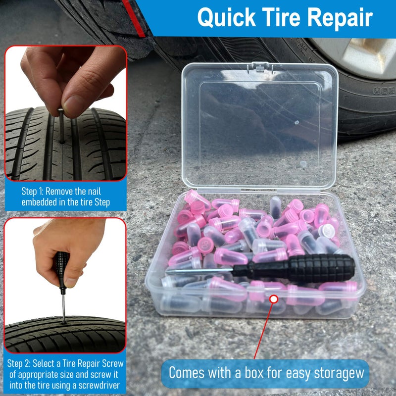 LOGOL 60PCS Tire Repair Rubber Nails Kit .Tire Repair Screws Kit with Box and Screwdriver, Self Screw in Tire Repair Plugs for Car, Motorcycle, Truck, Tractor Tire Puncture Repair - Image 4