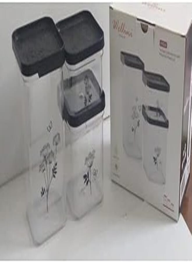 Acrylic Spice Jar Set of 3 Pieces for Sugar, Coffee, Cereals and Airtight Plastic Lids, Different Sizes Can Set for Kitchen, Cafe and Home (Black)- Turkish Made