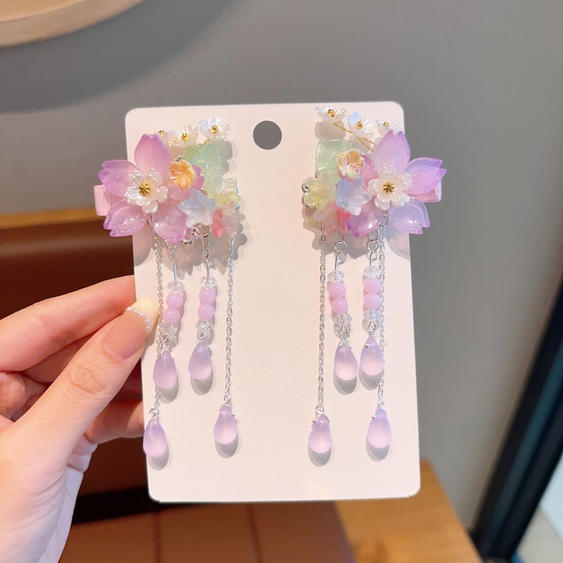 Generic New Antique Childrens Hairpin Hanfu Ancient Clothes Hair Accessories Cute Girls Tassel Flower Hairpin Little Girls Super Fairy Clip 04# purple pendant pair