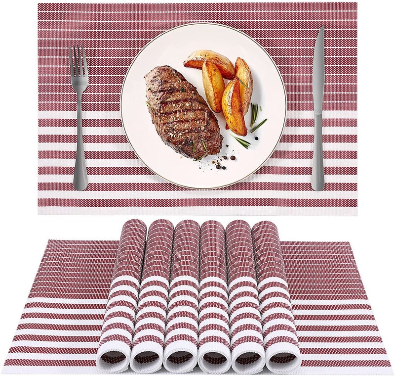 pepplo PVC PlacematsPlacemats for Dining TableHeatResistant Placemats Washable Table MatsKitchen Table Mats Set of 8 Wine Red Line PLC10D8 - Image 1