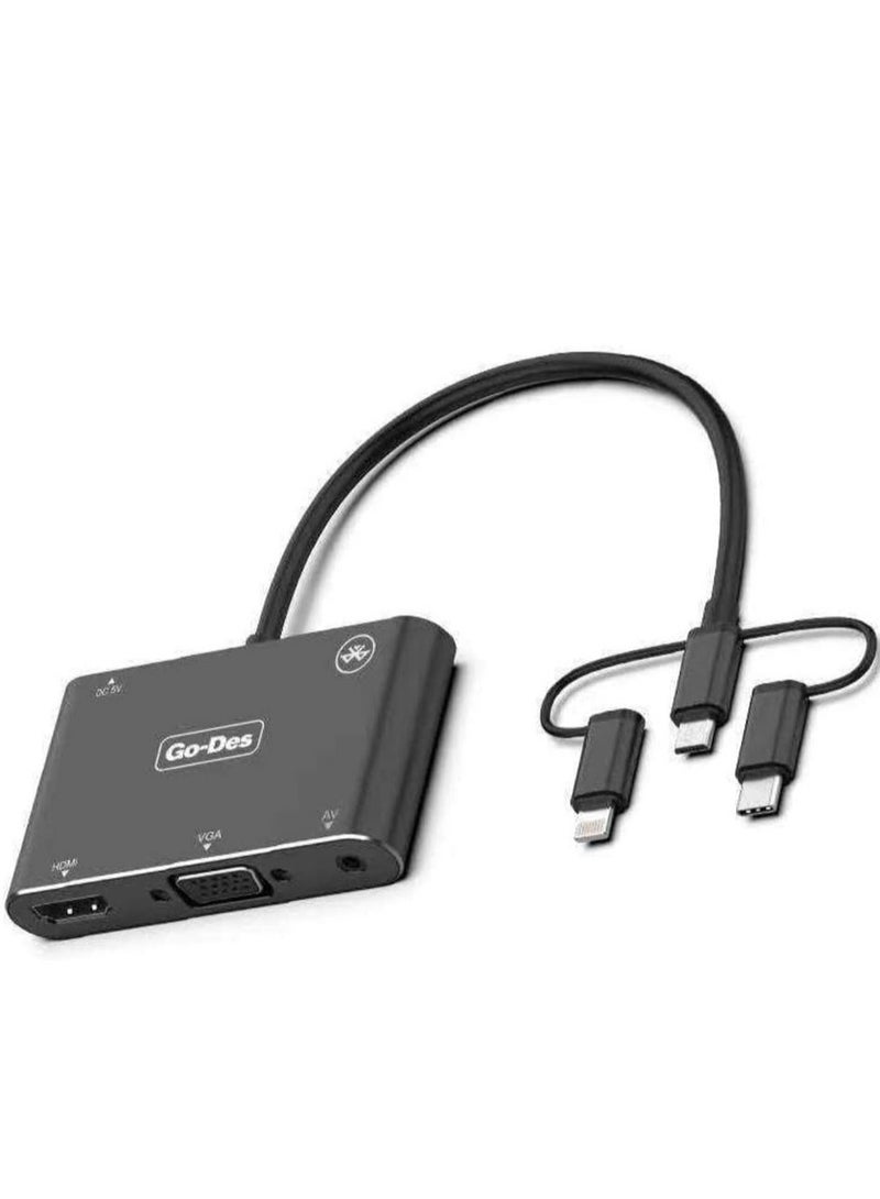 NEW 5-in-1 Mobile HD Screen Player Adapter GD-8762 – USB-C, Lightning, Micro USB to HDTV, VGA, AV Adapter for Seamless Screen Mirroring - Image 2