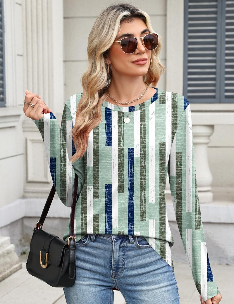 TCOT Women's Crew Neck Long Sleeve Tops Classic Spring Dressy Shirt Tunic Business Casual Blouses Green Pattern L - Image 5