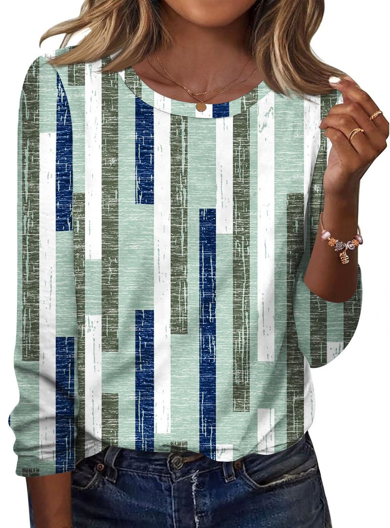 TCOT Women's Crew Neck Long Sleeve Tops Classic Spring Dressy Shirt Tunic Business Casual Blouses Green Pattern L - Image 1