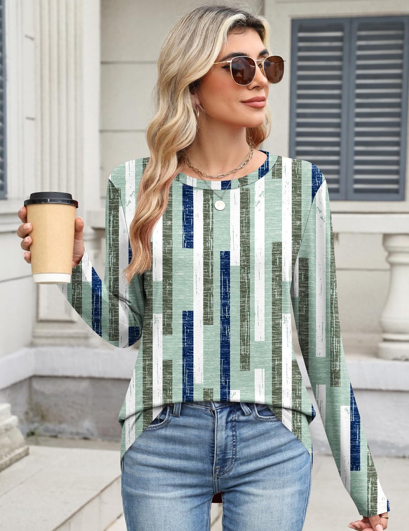 TCOT Women's Crew Neck Long Sleeve Tops Classic Spring Dressy Shirt Tunic Business Casual Blouses Green Pattern L - Image 2