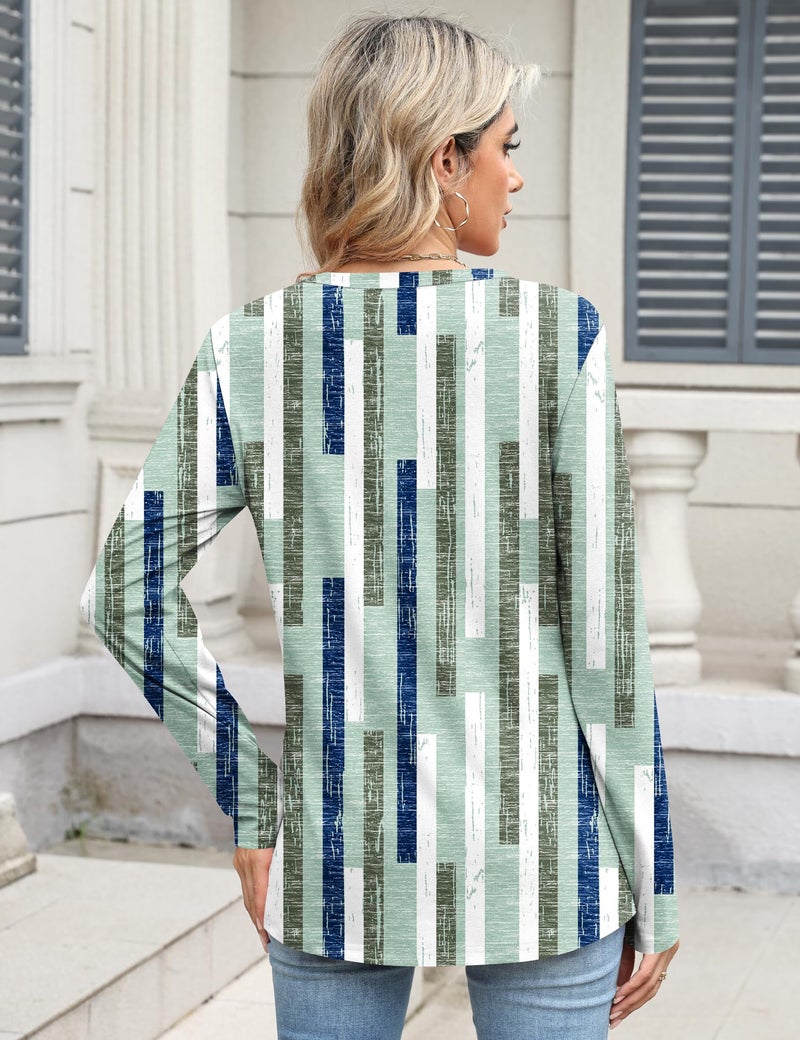 TCOT Women's Crew Neck Long Sleeve Tops Classic Spring Dressy Shirt Tunic Business Casual Blouses Green Pattern L - Image 3