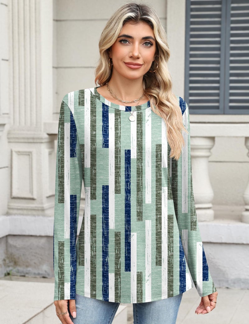 TCOT Women's Crew Neck Long Sleeve Tops Classic Spring Dressy Shirt Tunic Business Casual Blouses Green Pattern L - Image 4