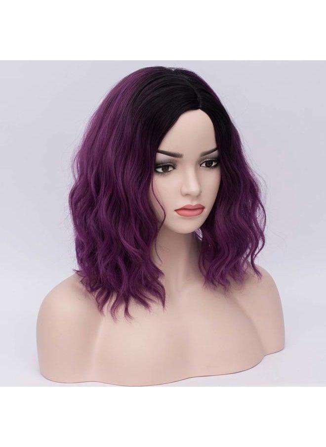 BERON Black Purple 14" Women Girls Short Curly Wavy Wig Ombre Taro Purple Body Wave Halloween Cosplay Daily Party Wigs  - Image 2