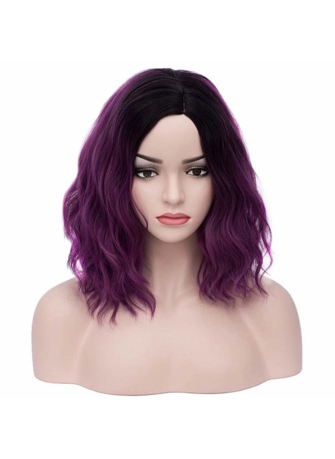 BERON Black Purple 14" Women Girls Short Curly Wavy Wig Ombre Taro Purple Body Wave Halloween Cosplay Daily Party Wigs  - Image 1