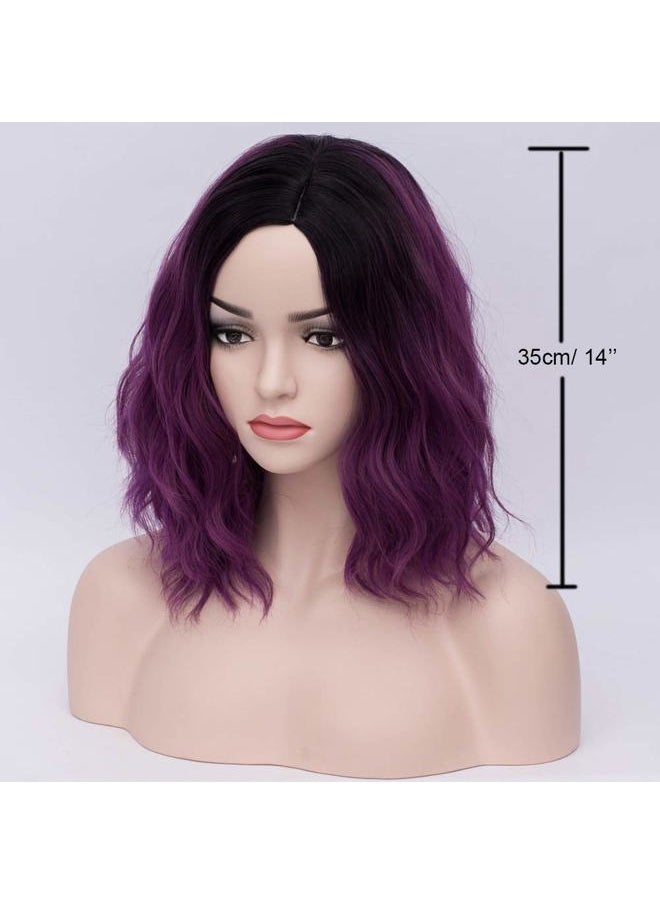 BERON Black Purple 14" Women Girls Short Curly Wavy Wig Ombre Taro Purple Body Wave Halloween Cosplay Daily Party Wigs  - Image 3