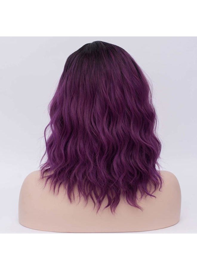 BERON Black Purple 14" Women Girls Short Curly Wavy Wig Ombre Taro Purple Body Wave Halloween Cosplay Daily Party Wigs  - Image 4